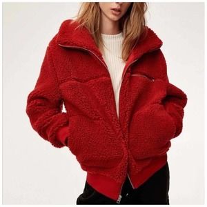 Aritzia Wilfred Free Teddy Plush Jacket Size XXS Red